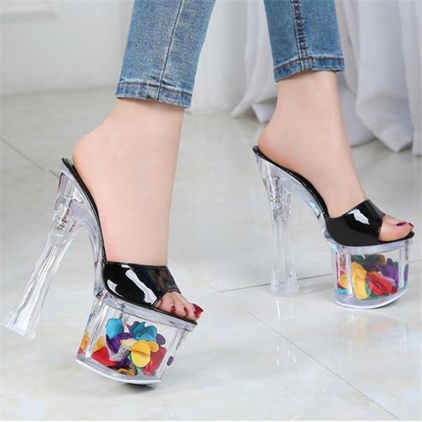 

feiyitu women super high heel crystal 17 cm wedge waterproof platform non-slip thick bottom sandals, Black