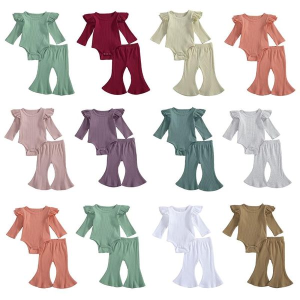 

clothing sets born baby girl solid color clothes long sleeve cotton bodysuit flared pant bell bottom 2pcs outfits, White