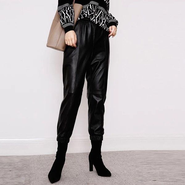 

genuine leather cargo pants women 2021 korean pantalones plus size high waist real sheepskin trousers streetwear women's & capris, Black;white