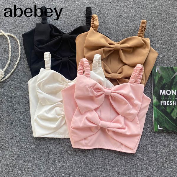 

women bow backless strap crop v neck sleeveless slim party y2k summer korean off shoulder short camisole 210512, White
