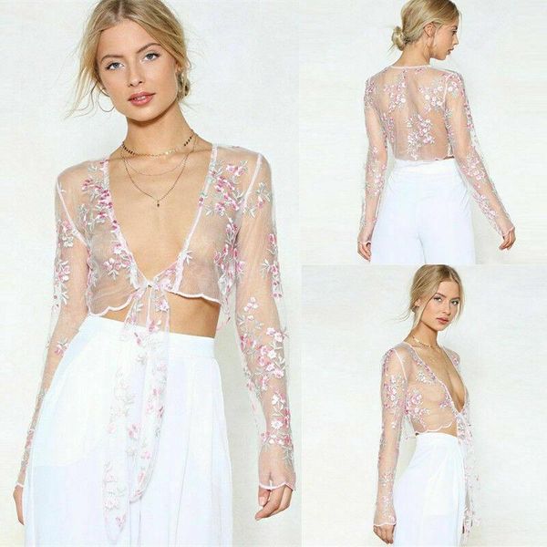

women sweet flower embroidery mesh shirts transparent see through long sleeve female brand blusas women's blouses &, White