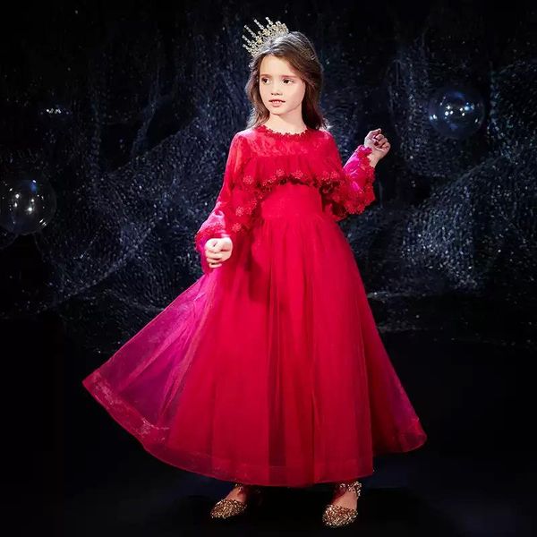 

flower girl dress illusion embroidery full o-neck princess floor-length tulle lace luxury red elegant cute kids party gown h467 girl's, Red;yellow