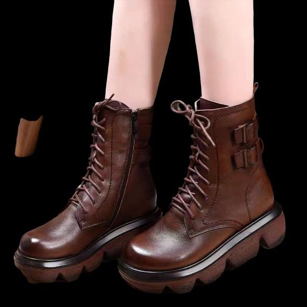 

boots ankle women pu leather lace-up round toe lady booties autumn winter platform sole shoes, Black