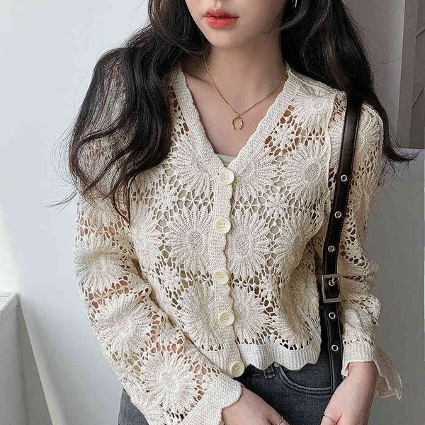 

sweet lace knitted sweater spring summer v-neck floral full thin hollow out sweaters chic wild fashion cardigans 210515, White