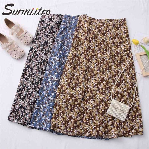 

spring summer vintage midi skirt women korean style floral print aesthetic high zipper waist long female 210421, Black