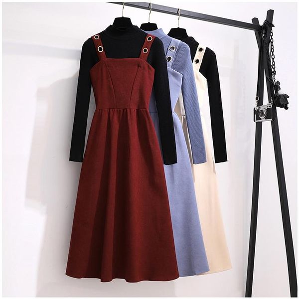 

casual dresses 2021 fashion vintage autumn women preppy style turtleneck sweater suspenders brace strap sleeveless vestidos, Black;gray