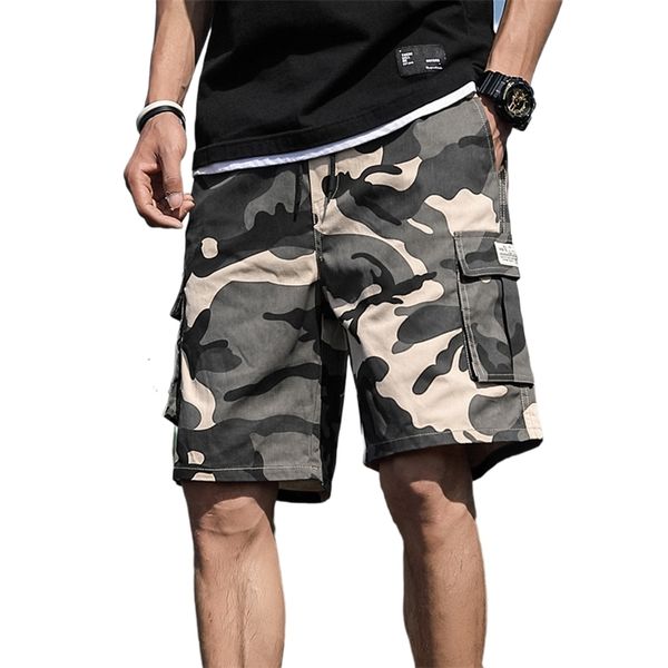 

summer men's outdoor camouflage cargo shorts pocket cotton casual half pants mid waist drawstring loose bib overalls 7xl 210716, White;black