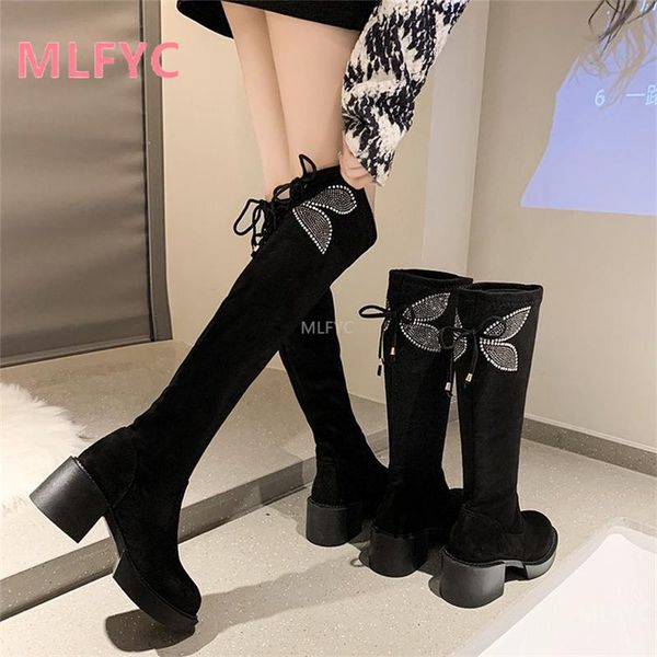 

boots children's 2021 but knee high heel mid-tie square fashion thick-heel mid-tee, Black