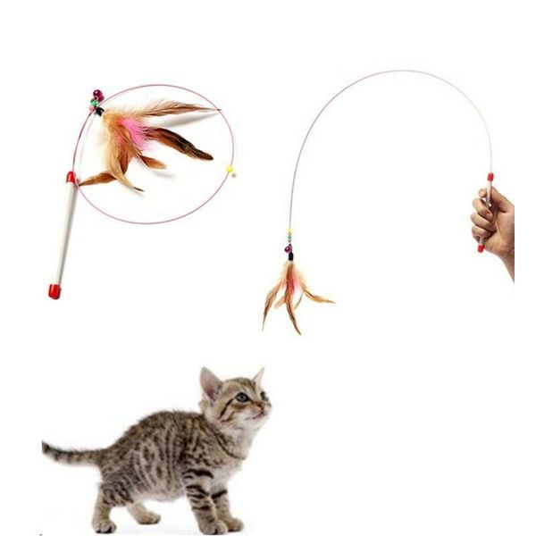 

cat toys random colored feathers funny cats wire rods flying bell favorite toy for pet products