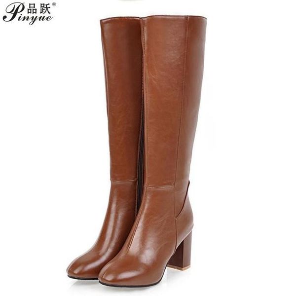 

boots fashion knee high women's winter thick heels long round zipper autumn shoes woman, Black
