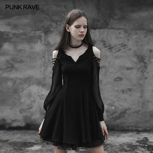 

casual dresses punk rave women fashion strapless lovely chiffon v-collar dress victorian style summer short sleeve, Black;gray