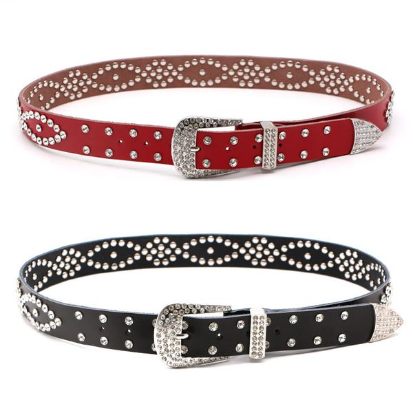 

2021 low price wholesale fashion rivet rhinestone leather a-diamond wide bling fashionable women's belt, Black;brown