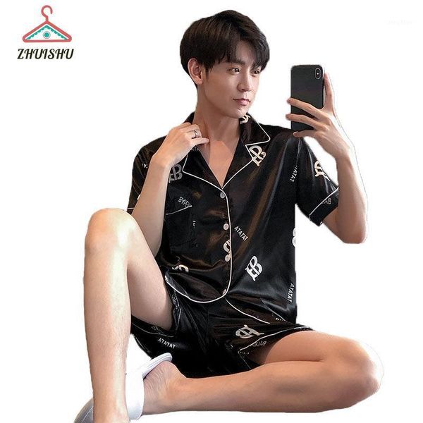

men's sleepwear zhuishu 2021 2pcs men pajamas suit short sleeve thin ice spring summer cartoon print letter silk home s183, Black;brown