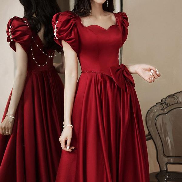 

party dresses elegant satin burgundy cocktail sweetheart puff sleeve a-line bow backless pearl evening homecoming gowns, White;black