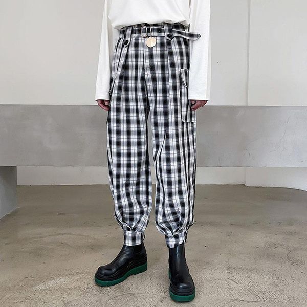 

men's pants male multi-pocket vintage fashion trousers men belt streetwear hip hop casual loose plaid harem cargo pant kw7k, Black