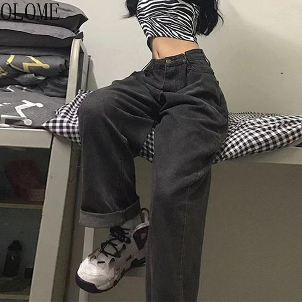 

women's jeans olome women vintage adjustable high waist bf oversize wide leg trousers summer baggy all-match streetwear retro chic, Blue