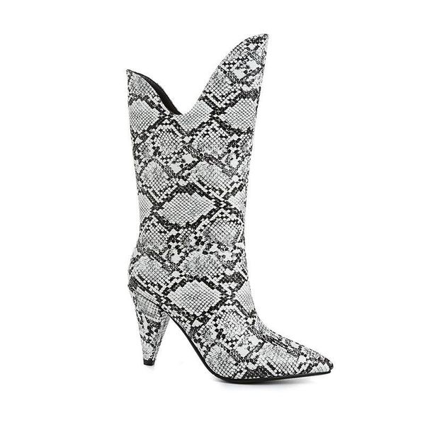 

boots phoentin arrival snake print booties spike high heels v shape pointed toe pu leather slip on mid calf boots ft7101 ioxa, Black