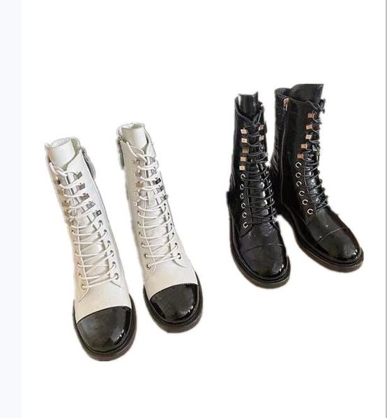 

fashion trendy low-heeled ladies short boots front lace-up side zipper round toe color matching matte patent leather white black