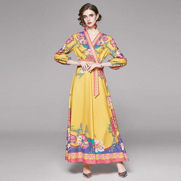 

autumn winter floral print yellow maxi dress women's long sleeve v-neck belt vintage casual dresses, Black;gray