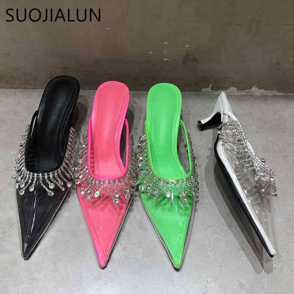 

suojialun pointed toe women slippers fashion pvc transparent slip on mules shoes bling rhinestone dress slides sandal shoes c0407, Black