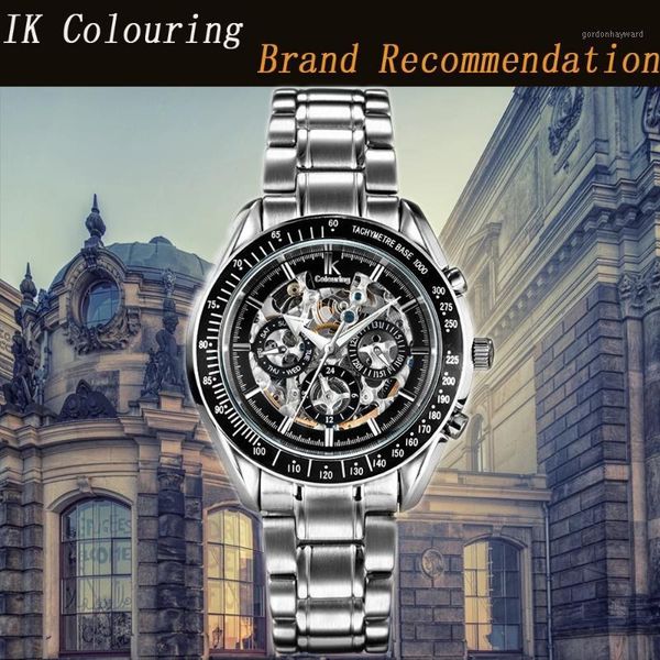 

wristwatches montre homme ik men's watch mechanical hollow male clock all-steel fashion waterproof 50atm automatic, Slivery;brown