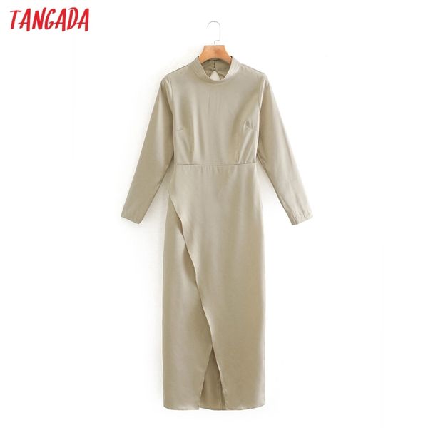 

autumn fashion women solid satin long sleeve office ladies midi dress back zipper xn26 210416, Black;gray