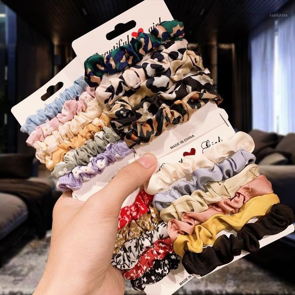 

1set satin silk solid color hair scrunchies for women elastic bands printing flower pattern accessories headdress1