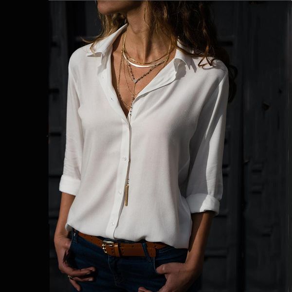 

women's blouses & shirts casual womens solid turn-down collar shirt ladies plus size long sleeve fashion chiffon button blusas mujer, White