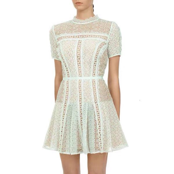 

casual dresses runway women self portrait elegant short sleeve hollow out summer mint green lace female high waist party 0jme, Black;gray