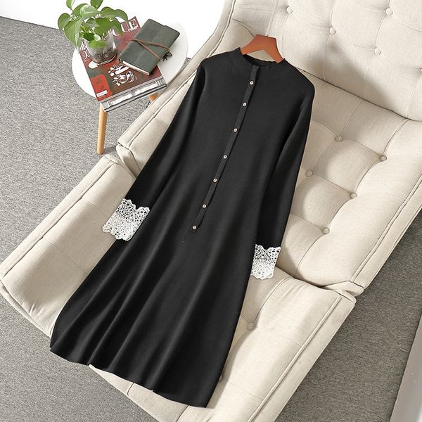 

casual dresses fall winter long sleeve round neck black / red knitted panelled buttons single-breasted dress elegant nn182011166 14ax, Black;gray