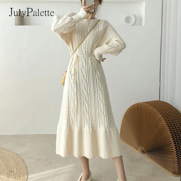 

casual dresses julypalette o-neck women knitted dress autumn winter long sleeve lace up elegant style female sweater 202, Black;gray