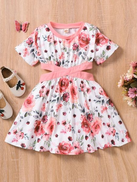 

toddler girls floral print cut out waist dress she, Red;yellow