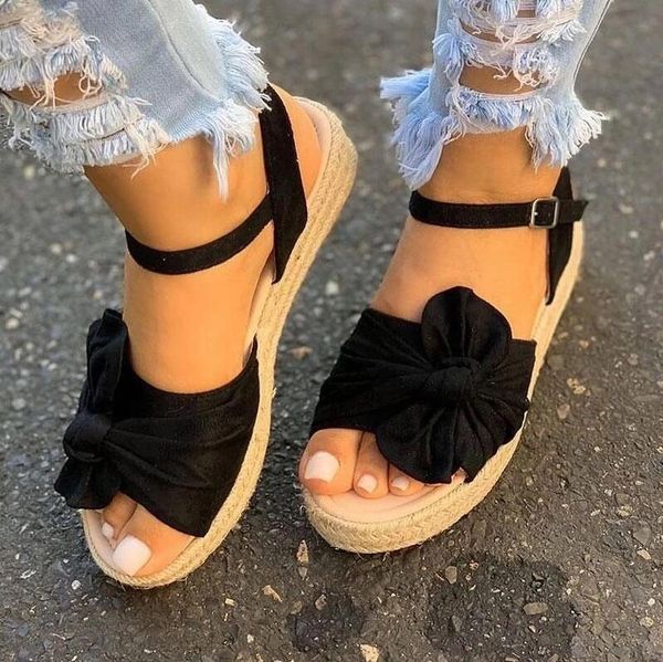 

sandals women shoes summer fashion casual flat size 43 ladies bowknot fish mouth wedges platform, Black