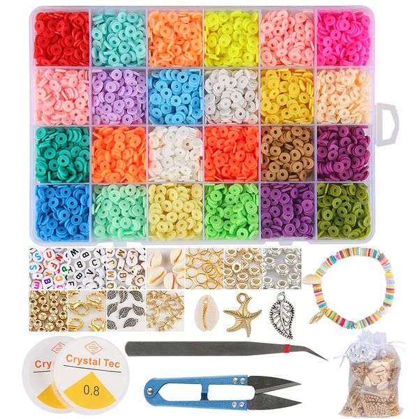 

4800pcs flat round polymer clay spacer beads kit charms elastic cord lobster clasp box for jewelry making diy bracelet set