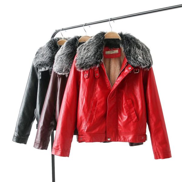 

women's leather & faux naiveroo autumn winter jackets with fur collar slim fit long sleeve zip-up biker motorcycle, Black