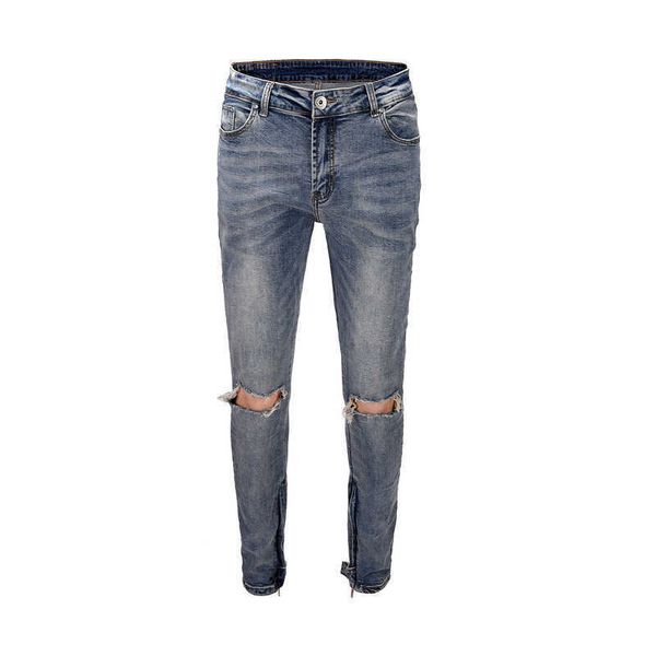 

men's jeans high street knife cut blue pierced legged jeans