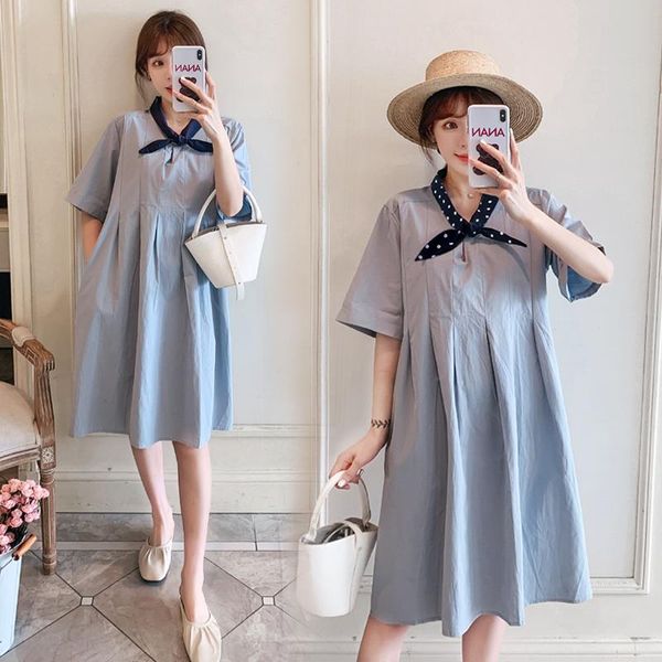

186# maternity dress summer short sleeves blue easy matching loose stylish pregnant women mom dresses, White