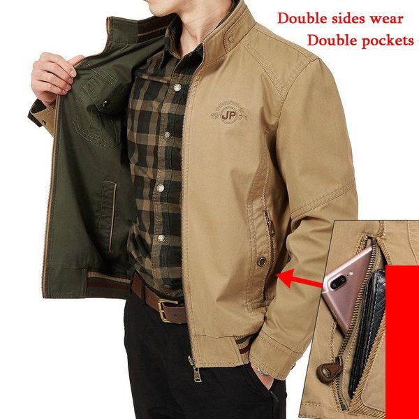 

men's jackets plus size 7xl 8xl autumn jacket mens double sides wear military coats pure cotton veste homme solid leisure coat male, Black;brown