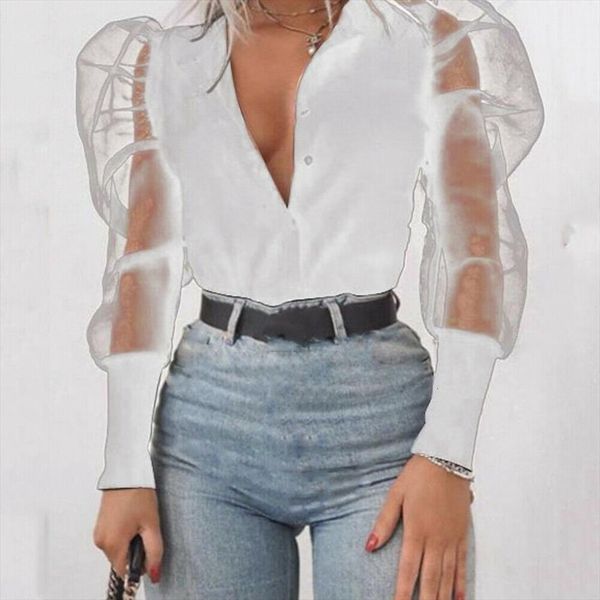 

fashion v neck tulle ruffle womens t shirt long puff sleeve solid lady shirts all matching autumn women, White