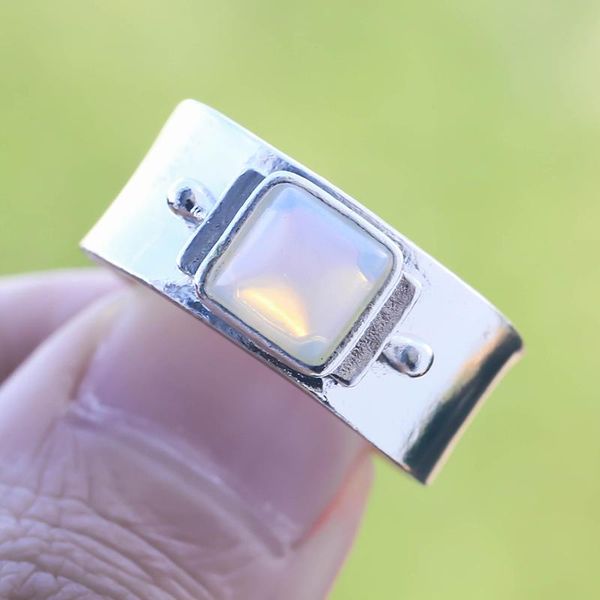 

cluster rings vintage womens ring geometric white moonstone wide for men party accessories silver color opal stone charm jewelry gift, Golden;silver