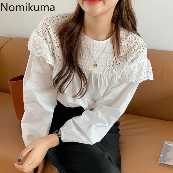 

nomikuma korean hollow-out lace ruffle blouse puff sleeve o-neck causal women spring sweet blusas femme new 6f238 210427, White