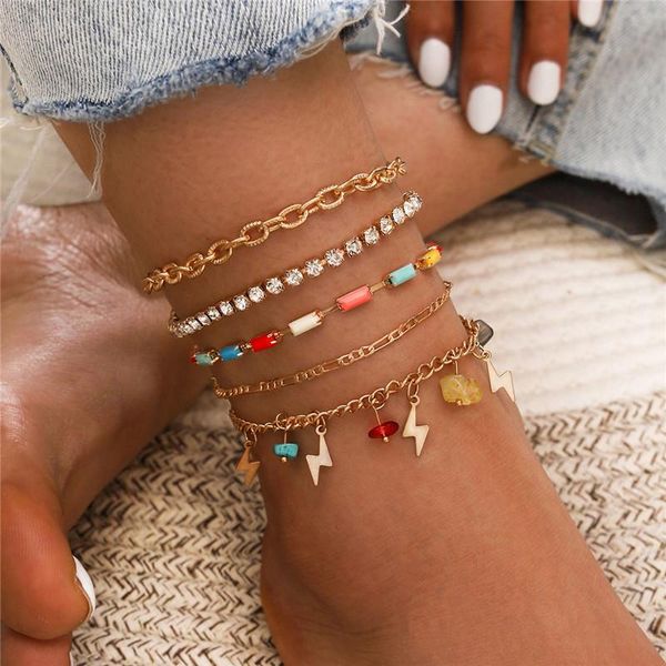 

anklets 5pcs/set luxury crystal natural stone ankle bracelet for women vintage gold color boho female summer beach jewelry, Red;blue
