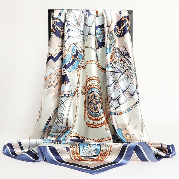 

scarves 2021 print square scarf for women silk shawl neckerchief female head wraps headband hair bands foulard satin hijab bandana, Blue;gray