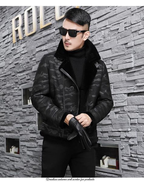 

men's leather & faux fur in one 2021 korean sheepskin locomotive jacket, Black