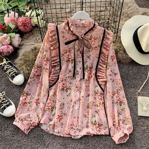 

vintage floral chiffon blouse women spring autumn blousa stand collar long sleeve shirt korean ladies bohemia mujer 210525, White