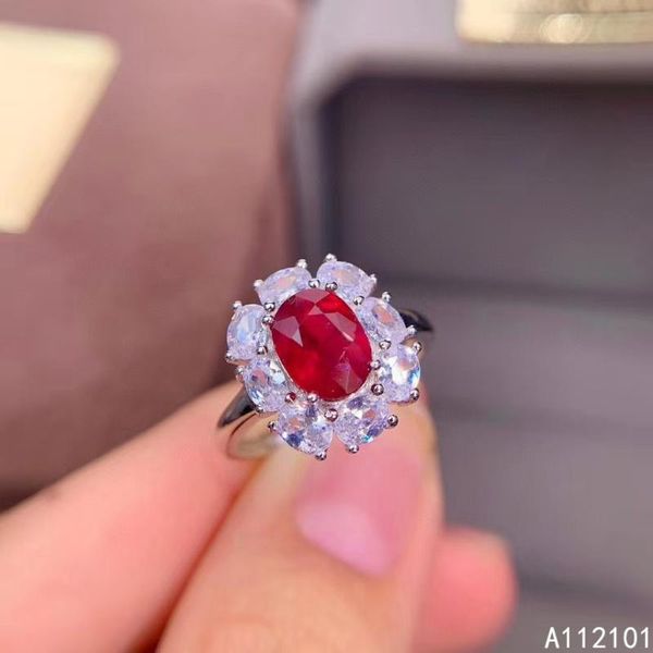 

fine jewelry s925 sterling silver inlaid natural gemstone ruby girl vintage ring support test chinese style cluster rings, Golden;silver
