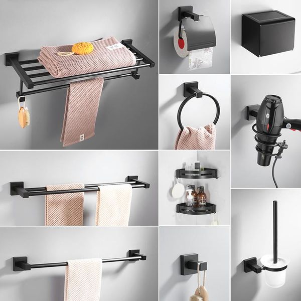 

bath accessory set black towel bars bathroom hanger aluminum alloy accessories rack ring toilet brush storage shelf