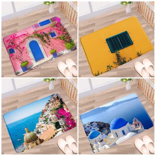 

bath mats greece small town flower plant bathroom mat street island scenery non-slip rug flannel home decor kitchen door aisle carpet
