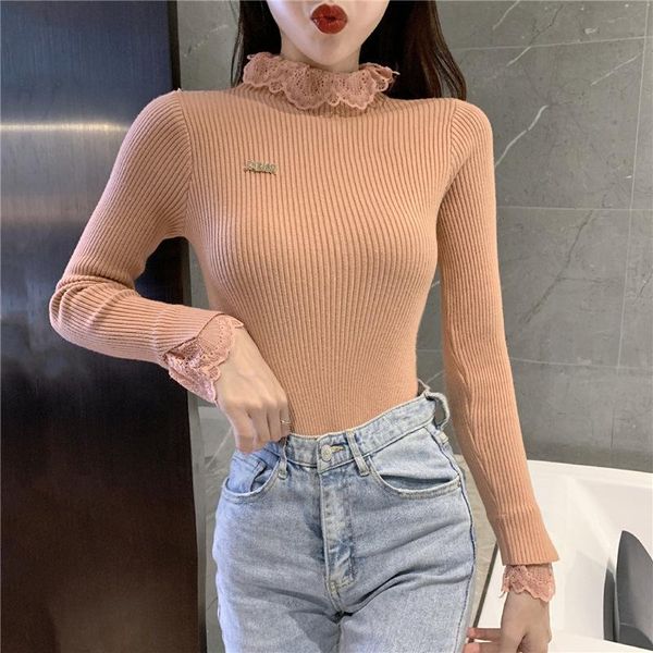 

women's sweaters lace stitched turtleneck slim sweater solid color versatile bottoming knitted, White;black