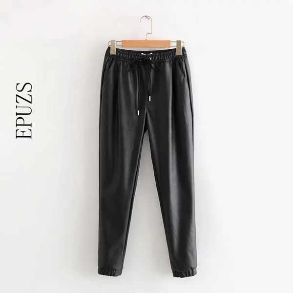 Herbst Winter Schwarz PU Leder Hosen Frauen Hosen Weibliche Punk Hip Hop Jogger Koreanische Streetwear Stretch Harem 210521